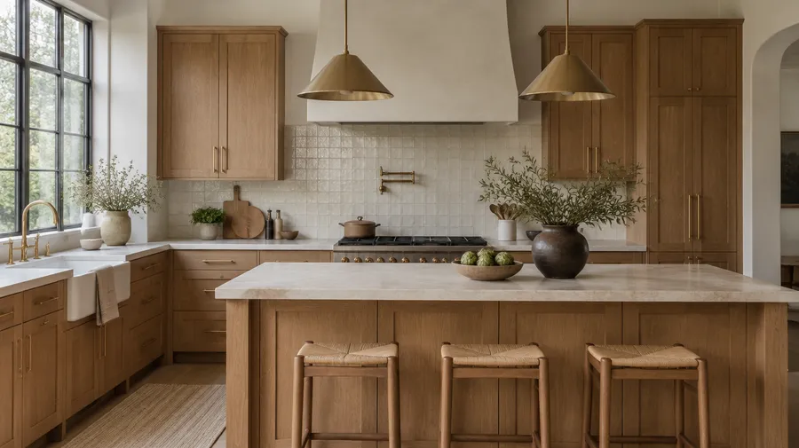 Oak kitchen with a pale stone island, three woven stools, white tile backsplash and brass pendant lights