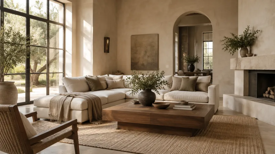 Living room with a cream sectional, walnut coffee table, stone fireplace and tall black-framed windows