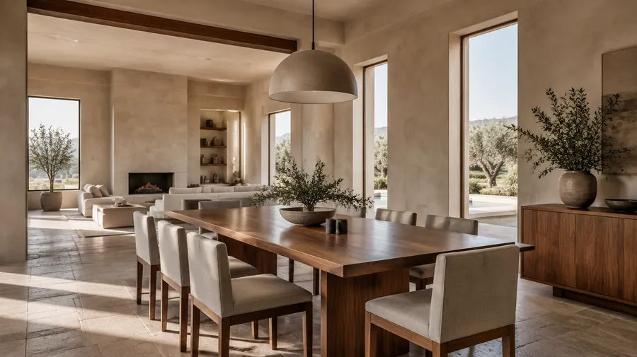 Dining room with a walnut table, upholstered chairs, tall narrow windows and an adjoining cream lounge
