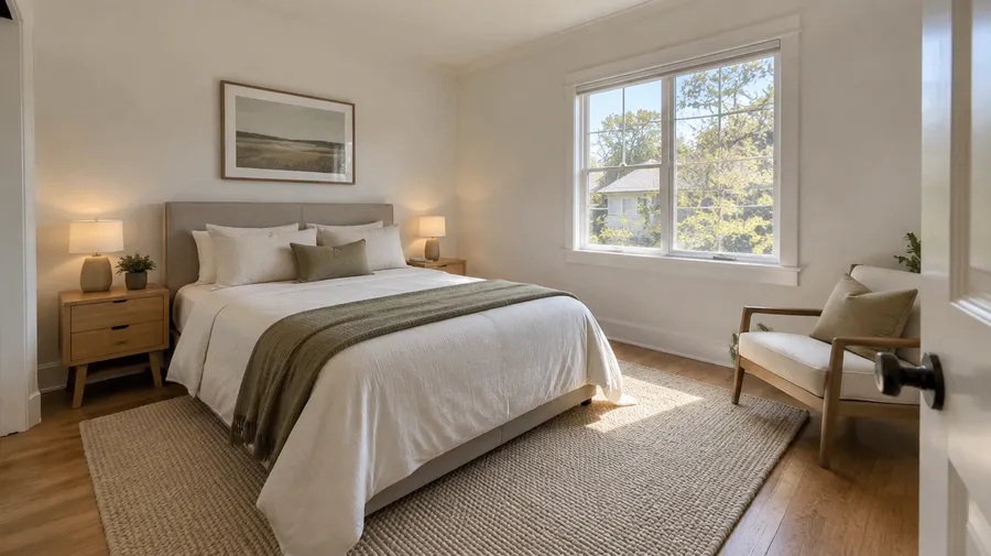 Bedroom with a beige upholstered bed, wooden nightstands, reading chair and a large sunlit window