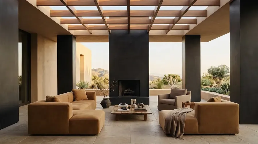 Open lounge with tan sofas, a black fireplace and a timber-grid glazed roof