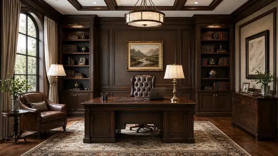 Traditional wood-paneled home office with a large desk, bookcases and an arched window