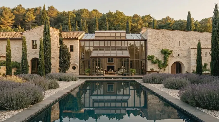 Stone villa with a central glass facade, cypress trees and a long reflecting pool