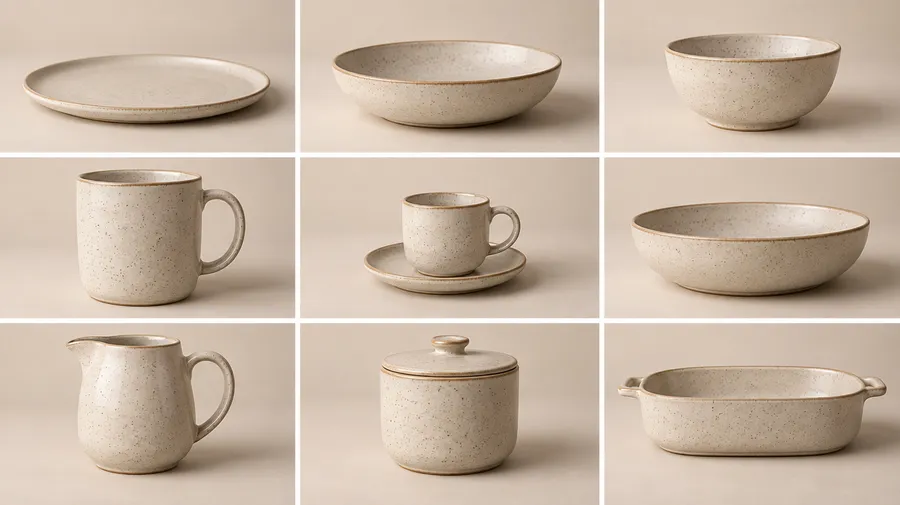 Nine landscape product photos of ceramic tableware in a three by three grid, all the same shape