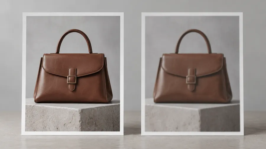 Two prints of a leather bag side by side, one sharp and one visibly softer and lower contrast