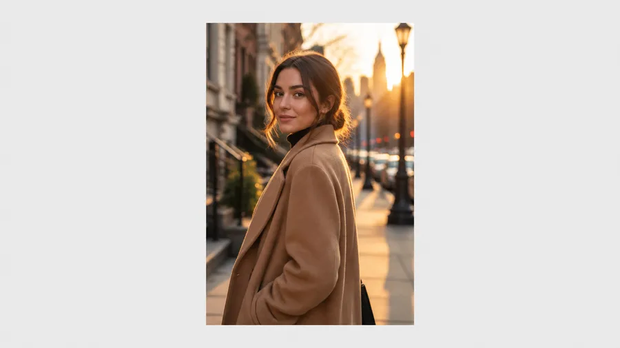 Vertical portrait photo of a woman in a coat on a city street, centred on a grey background
