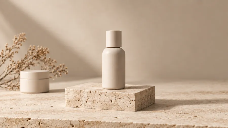 Square product photo widened into a landscape frame with more stone surface, a jar and dried foliage