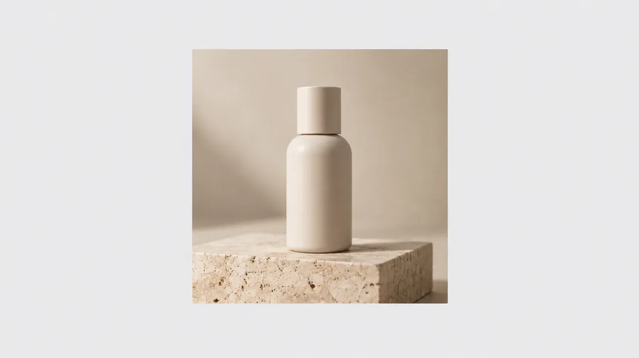 Square product photo of a ceramic skincare bottle on stone, centred on a grey background