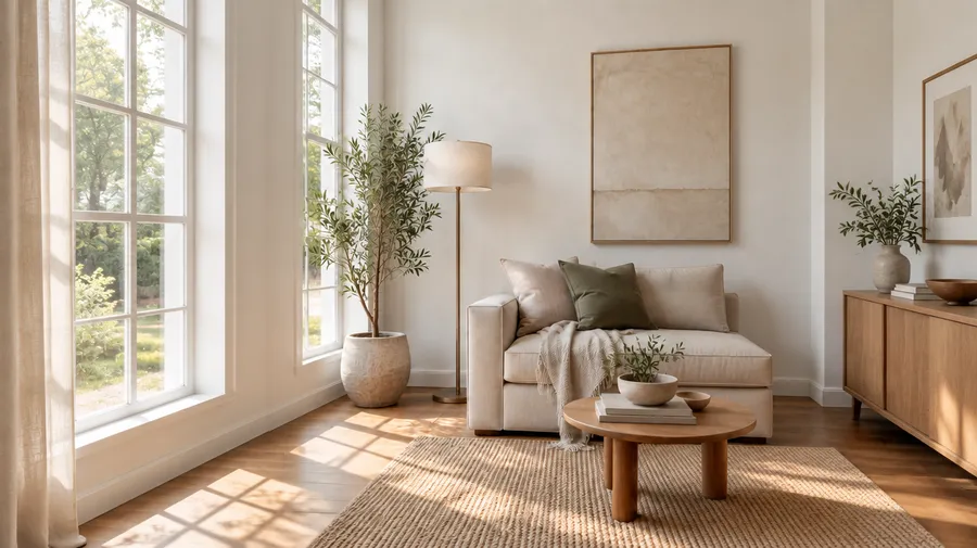 Vertical interior photo widened into a landscape frame showing a window, sideboard and framed art