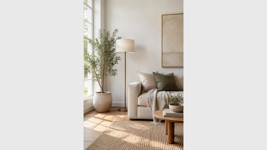 Vertical interior photo of a sofa, lamp and plant, centred on a grey background
