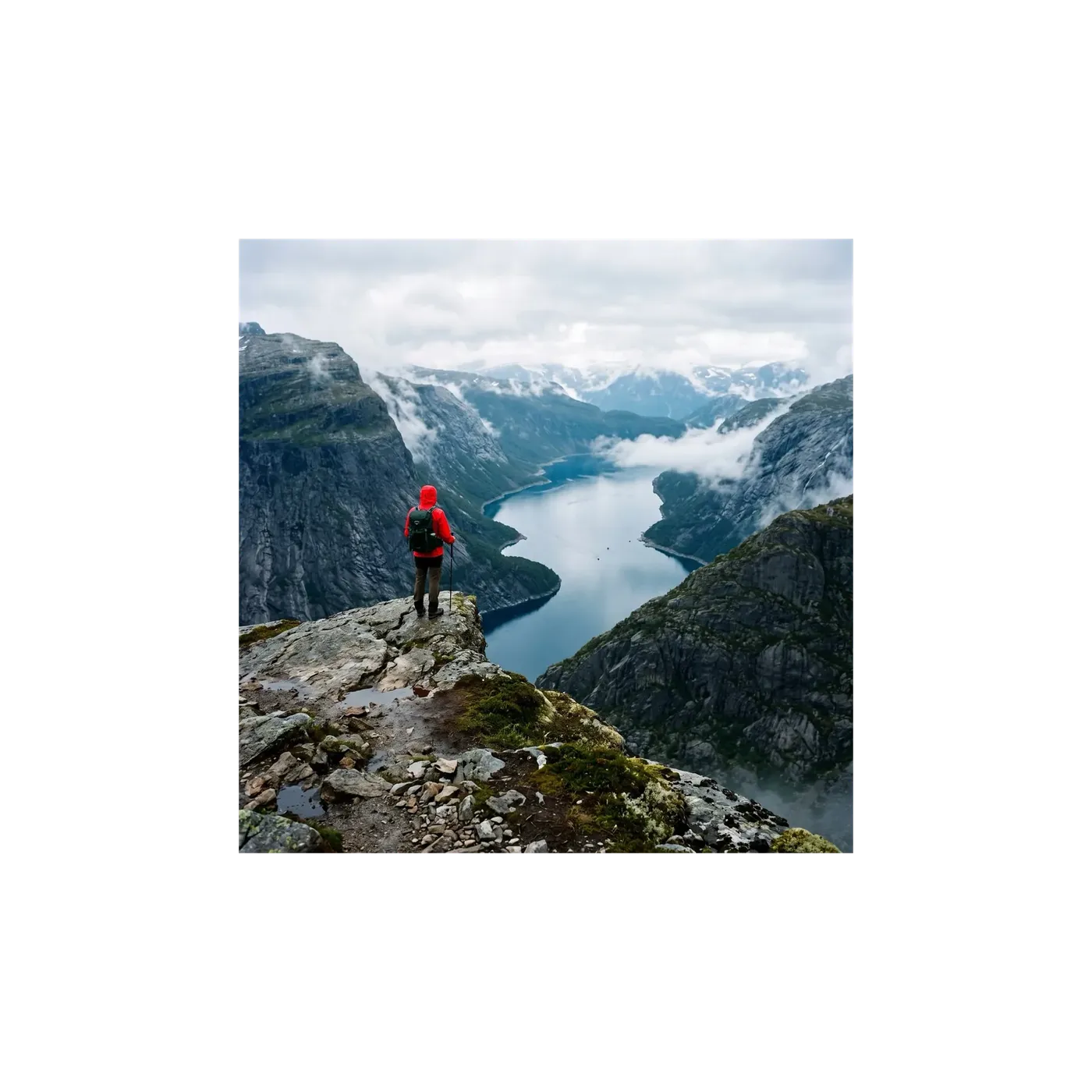 Square 1:1 photograph of a hiker in a red jacket on a granite ridge above a fjord, shown at true scale as the before frame of a resize example, generated on getimg.ai.