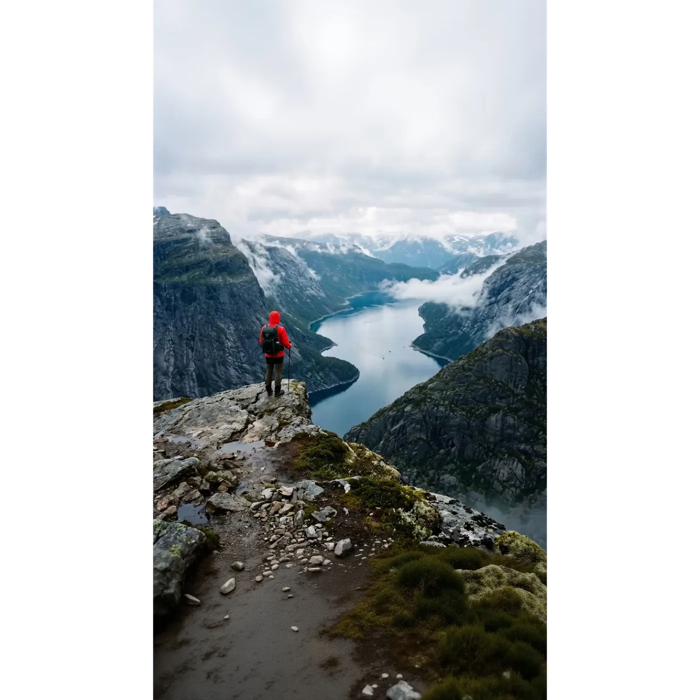 The same hiker scene at the same width with extra cliff generated above and foreground rock below to reach a 9:16 vertical frame, created with Outpainting on getimg.ai.