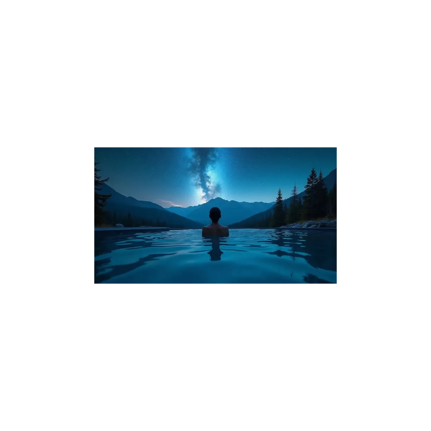 Wide 16:9 photograph of a person in an infinity pool facing mountains under the Milky Way, the before frame of a vertical reframe, generated on getimg.ai.