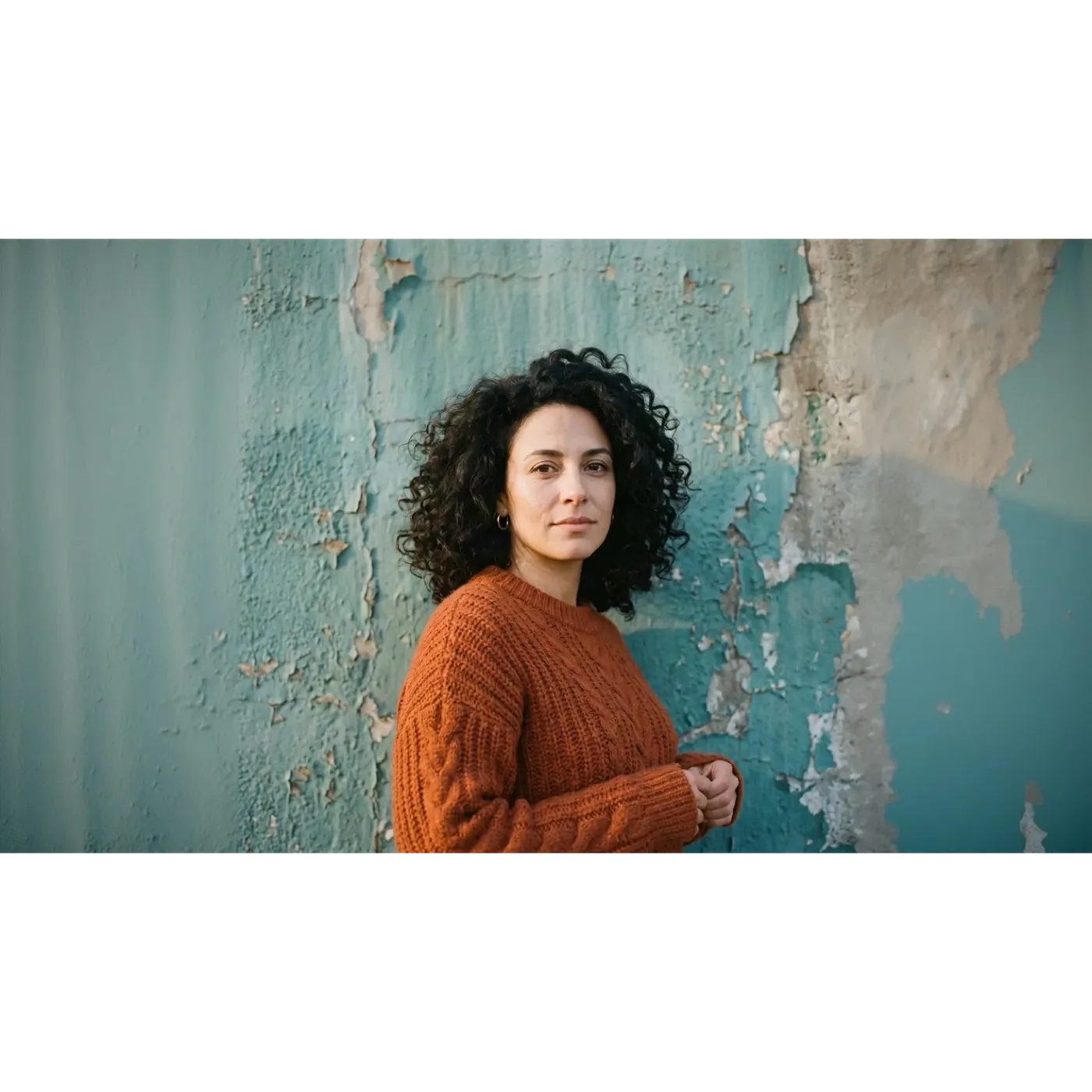 The same portrait at the same height with the original square kept untouched in the middle and new teal wall generated to the left and right to reach 16:9, created with Outpainting on getimg.ai.