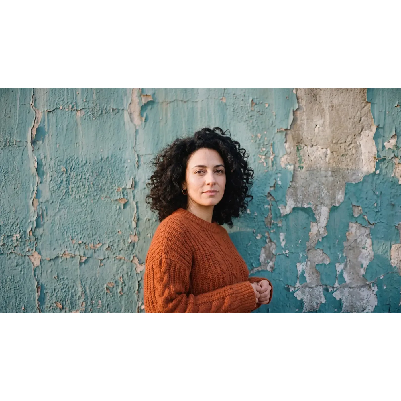 The same portrait regenerated at 16:9 by Smart Resize on getimg.ai, a wider frame in which the peeling paint pattern, the light and the face are all subtly rebuilt.