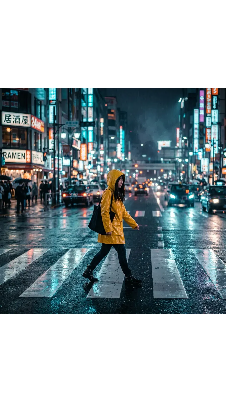 Square 1:1 night street photograph of a woman in a yellow raincoat on a neon-lit wet crosswalk, the feed-sized version of the source image, generated on getimg.ai.
