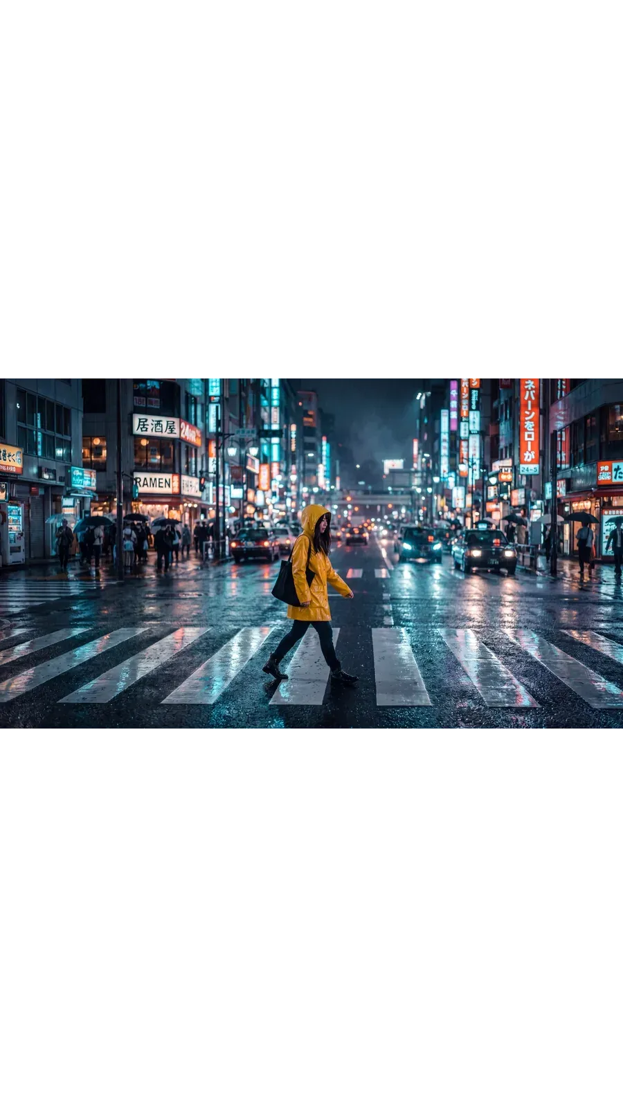 The same neon crosswalk scene at 16:9 for YouTube thumbnails and website banners, shown at the same width as the square version, created with Smart Resize on getimg.ai.