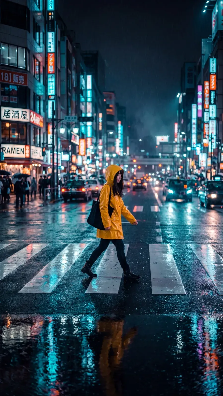 The same neon crosswalk scene at 9:16 for Stories, Reels and TikTok, shown at the same width as the square version, created with Smart Resize on getimg.ai.