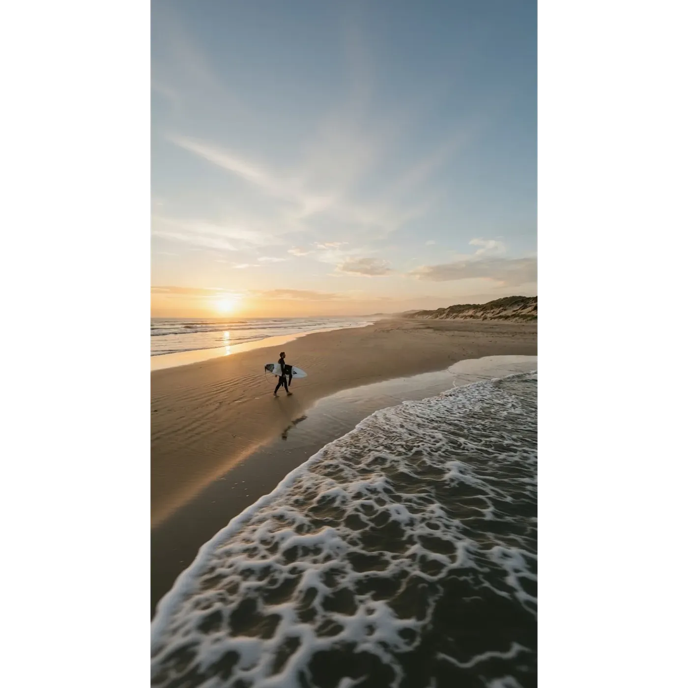 The surfer beach scene at the same width with the original wide strip kept intact and new sky generated above and surf below to reach 9:16, created with Outpainting on getimg.ai.
