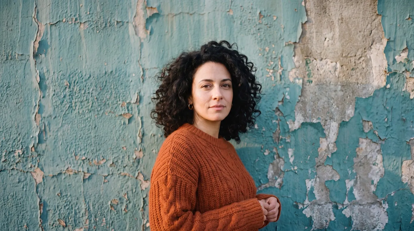 The same woman in a rust-orange sweater against a peeling teal wall, regenerated as a 16:9 widescreen frame by Smart Resize on getimg.ai, with the pose, wall texture and face subtly reinterpreted.