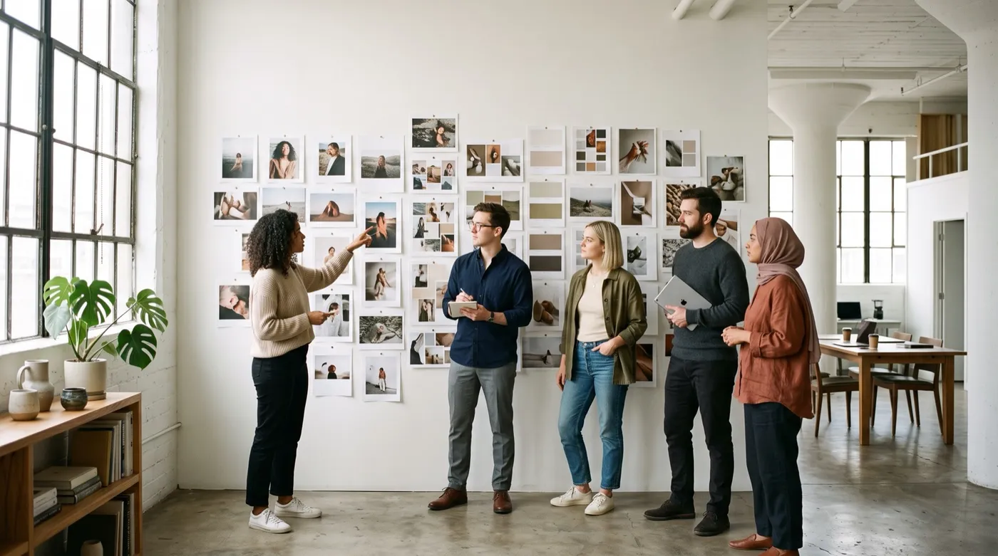 A creative team standing in a bright studio reviewing a wall of printed campaign photographs pinned in several different formats, illustrating image resizing use cases, generated on getimg.ai.