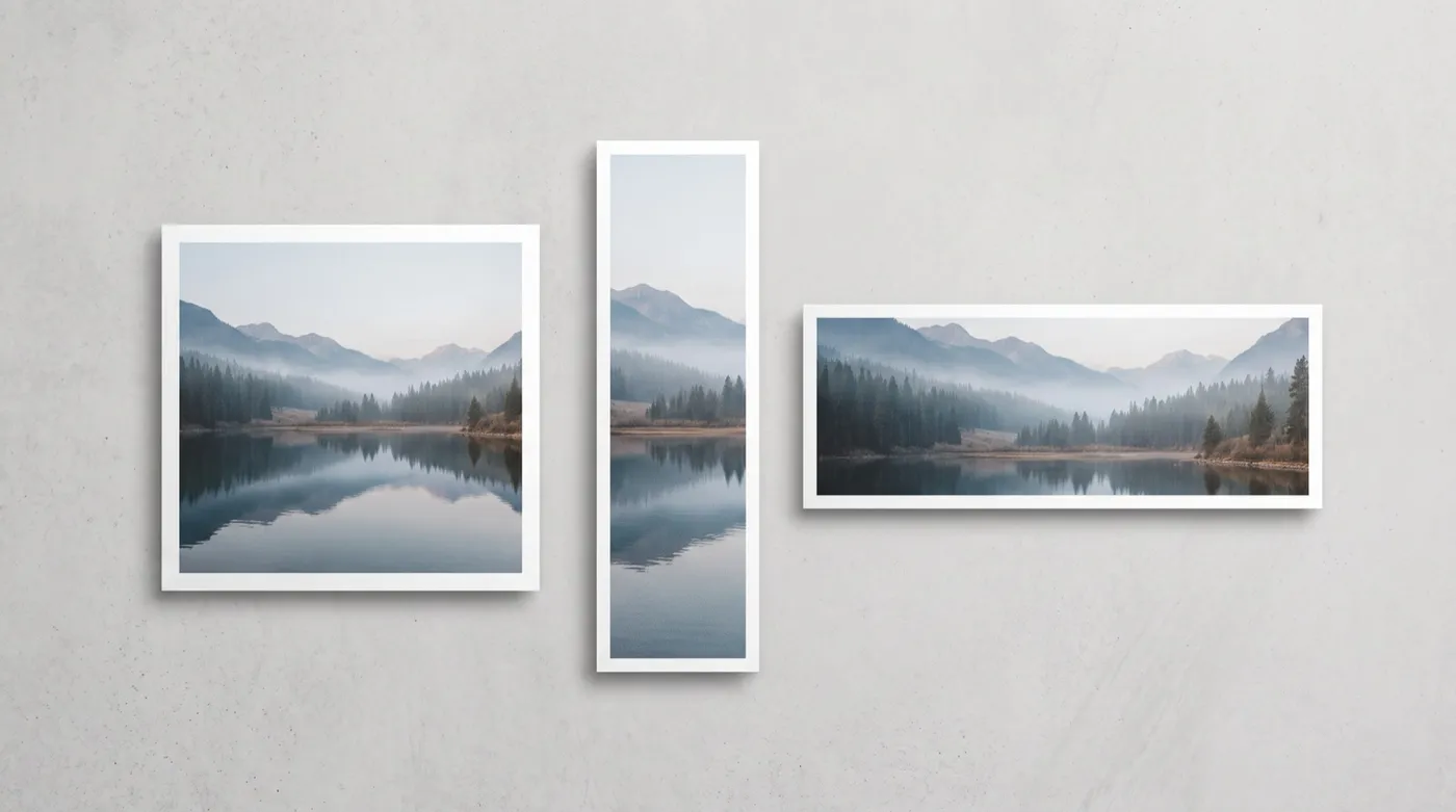 Three prints of the same misty mountain lake photograph laid on a concrete wall in square, tall vertical and wide panoramic formats, showing one image adapted to three aspect ratios, generated on getimg.ai.