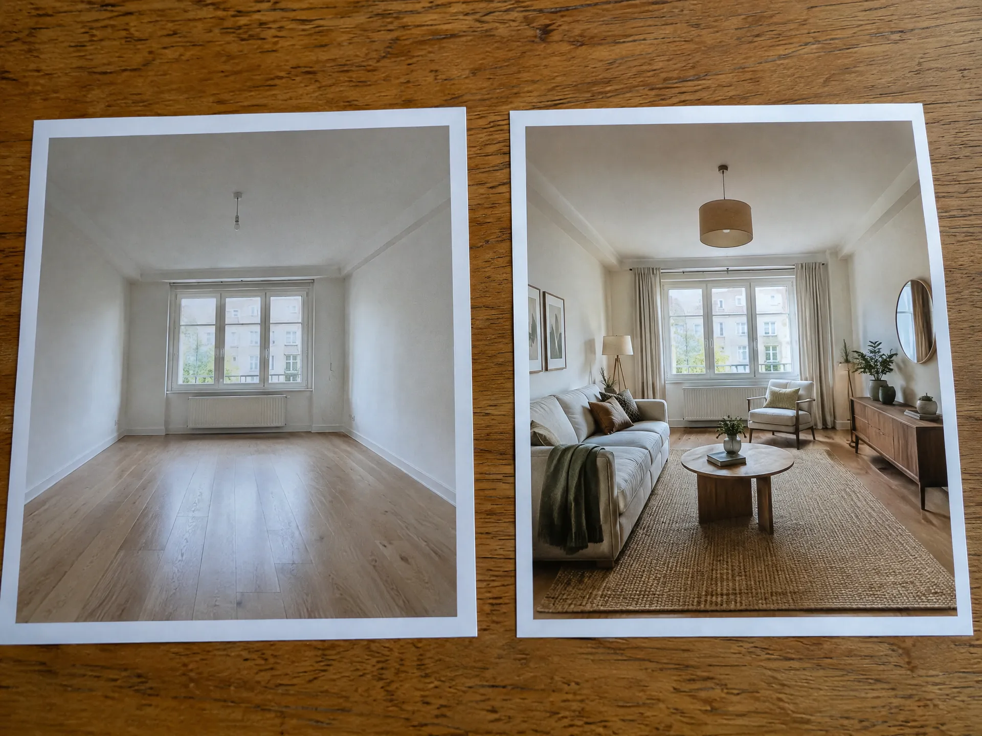 Empty room and furnished room photos side by side on a table
