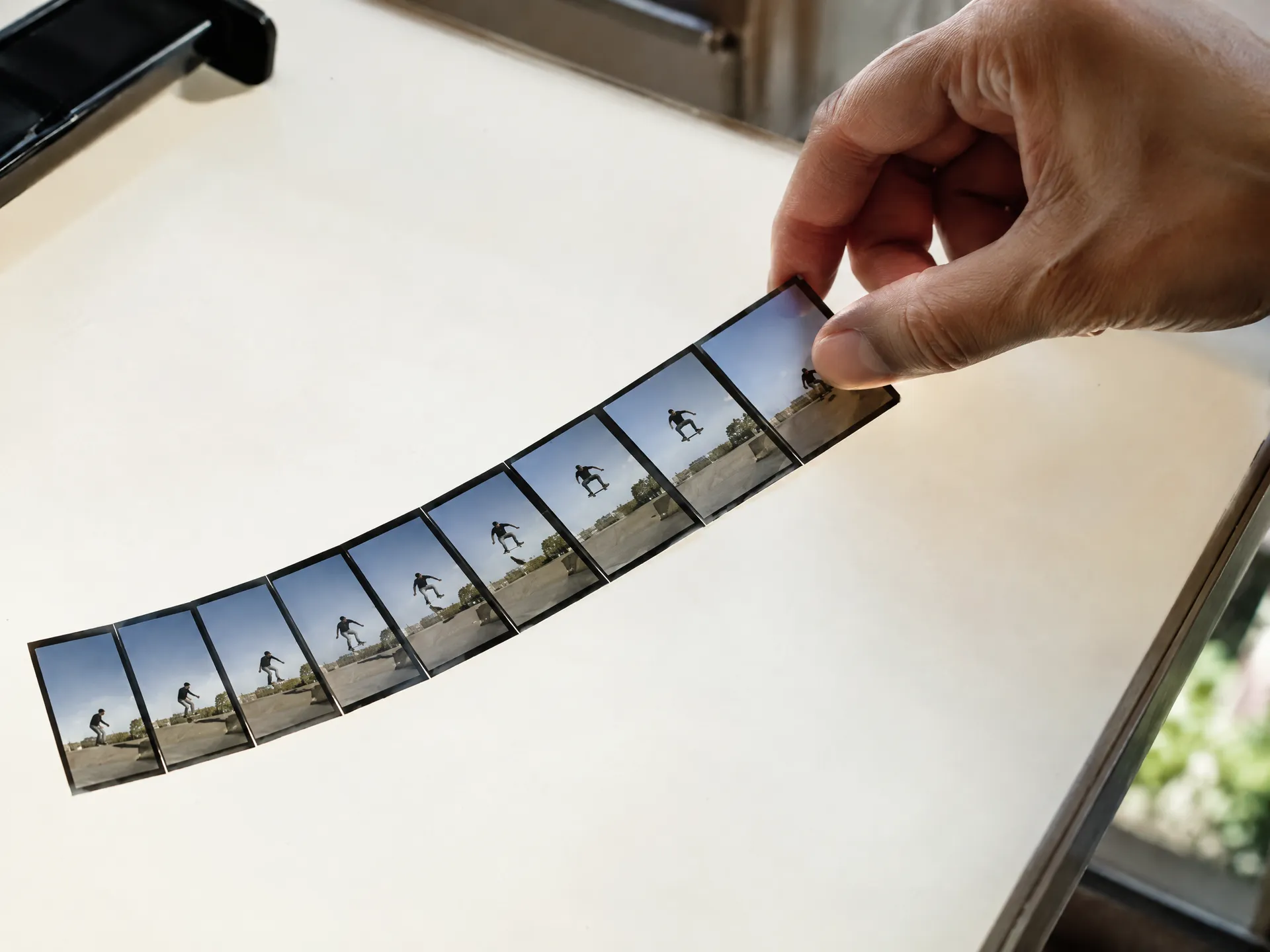 Small printed film frames fanned out on a light table
