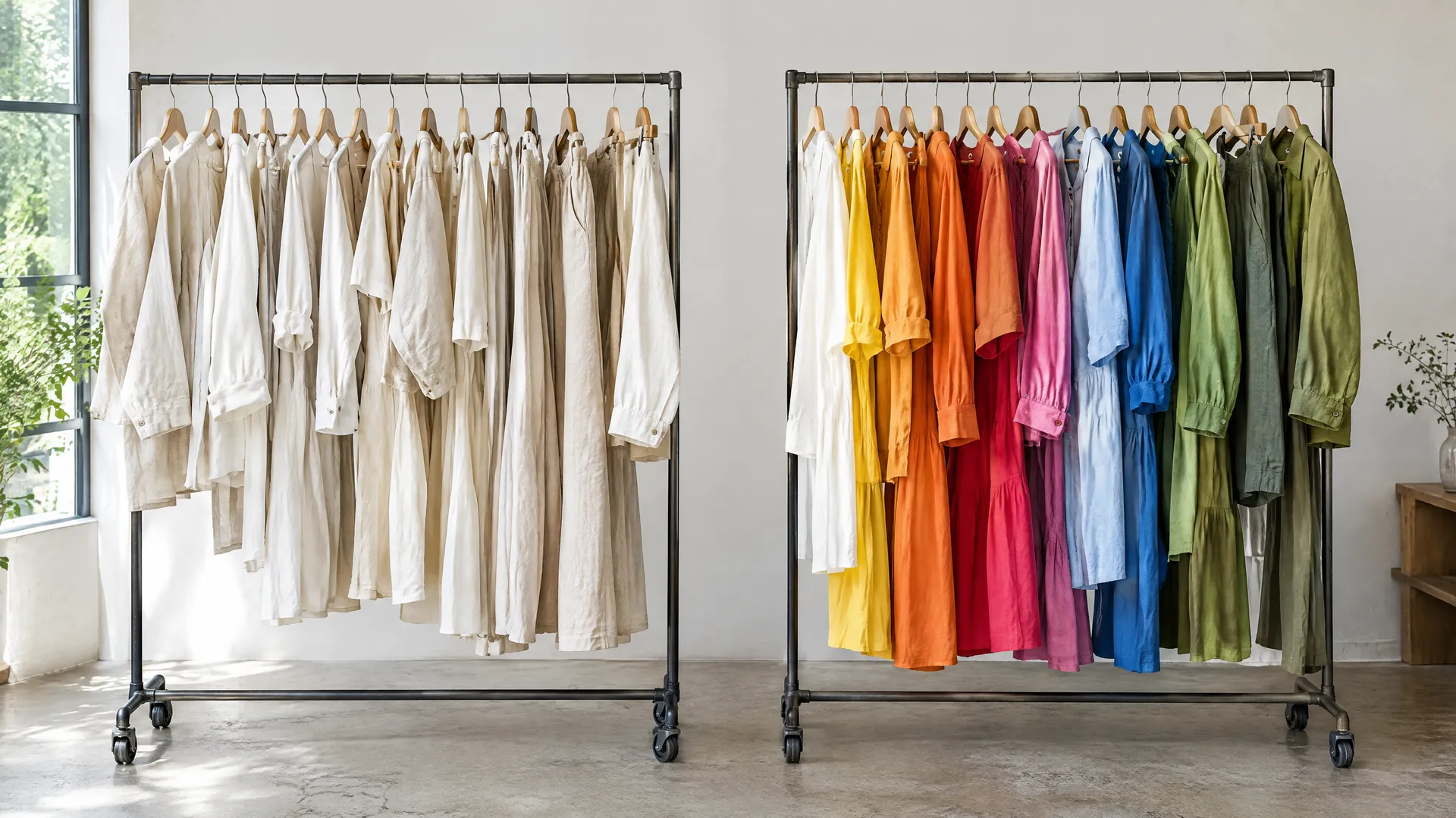 Garment rack transforming from plain cotton to vivid colors