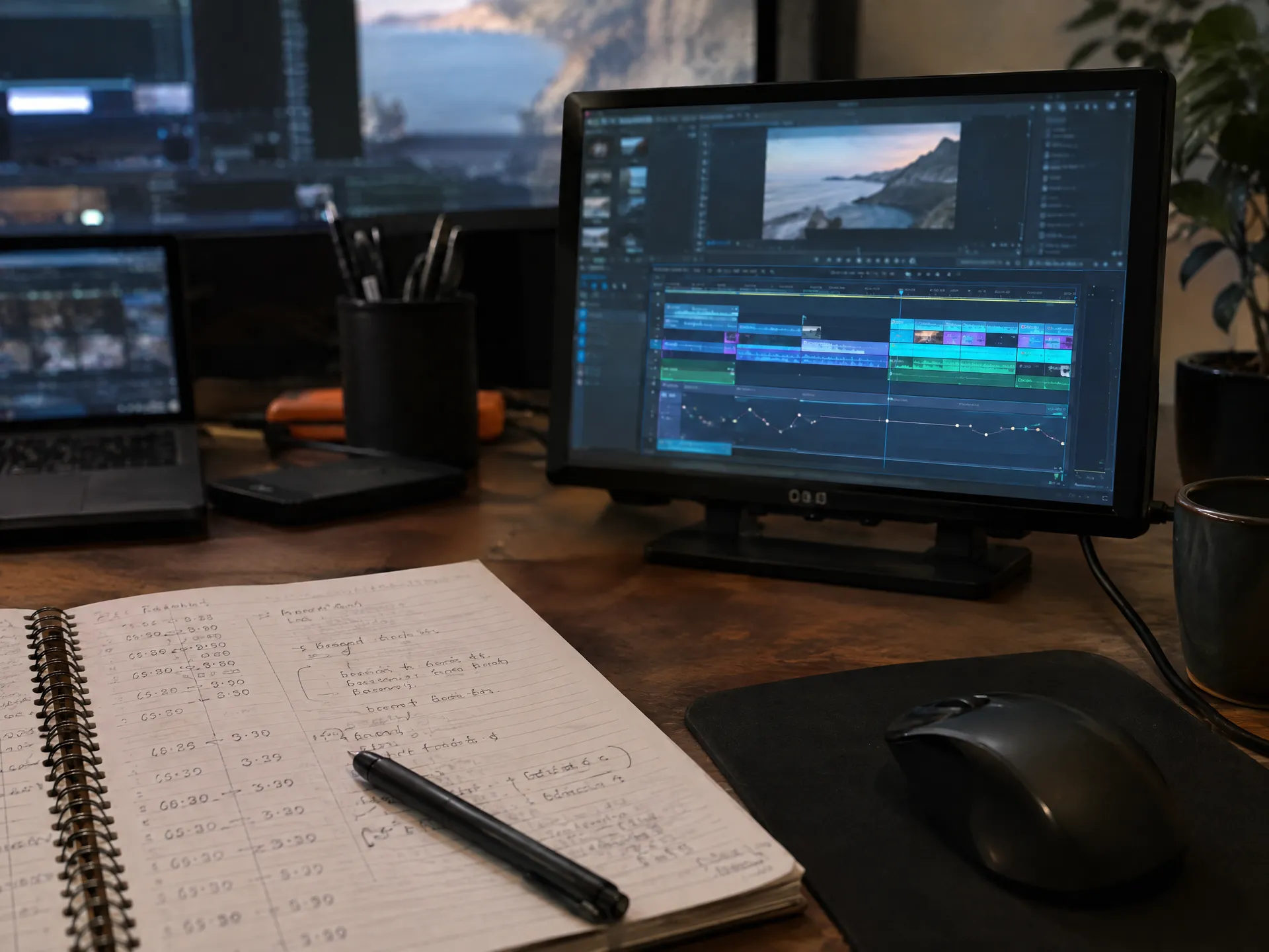 Editing desk with a timeline monitor and handwritten timing notes