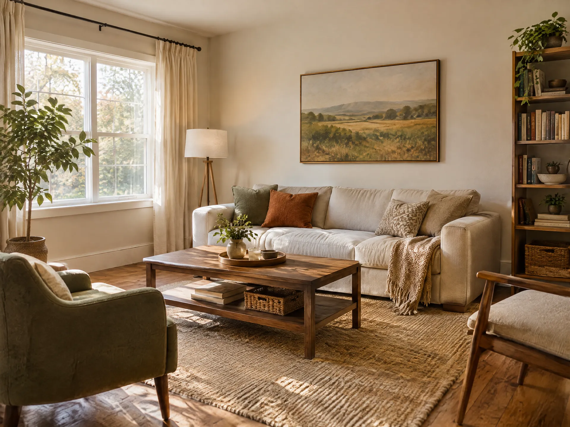 Fully furnished and styled room in warm daylight