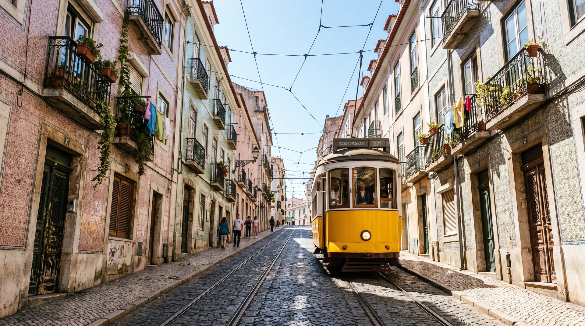 A yellow tram climbing a sunny cobbled Lisbon street, a start image for a whip pan transition made on getimg.ai