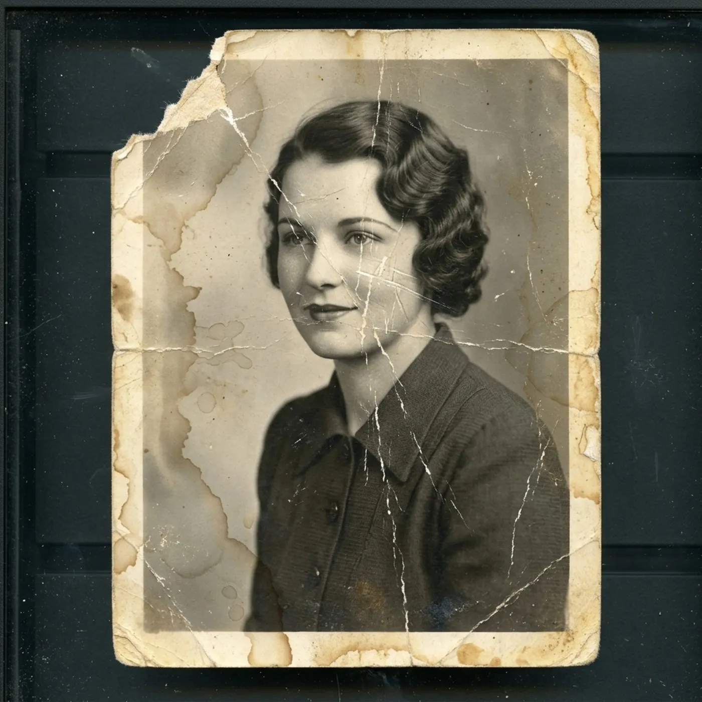 Damaged 1930s portrait print with scratches, a torn corner and water staining