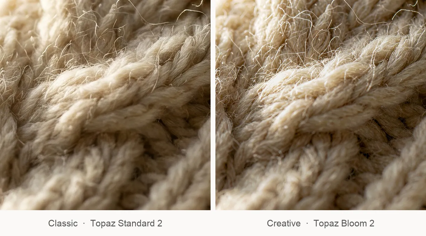 The same knitted wool crop upscaled to 4K by Topaz Standard 2 and by Topaz Bloom 2, side by side