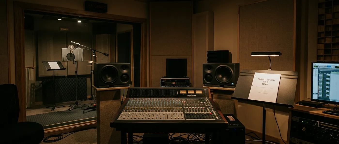 Empty professional voice-over recording studio with a vocal booth and microphone, representing the cost of hiring a studio and actor