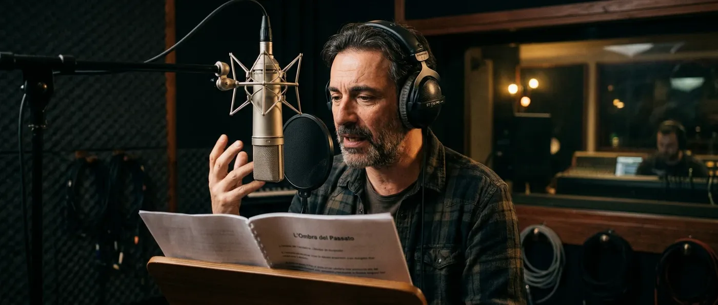 Italian voice actor recording in a professional studio booth