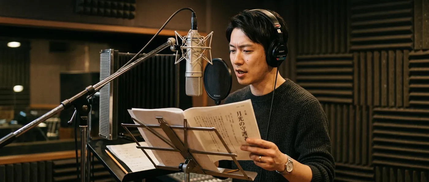 Japanese voice actor recording in a professional studio booth