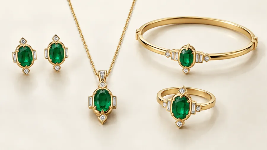 Gold-colored earrings, pendant necklace, ring and bangle with oval green stones on ivory