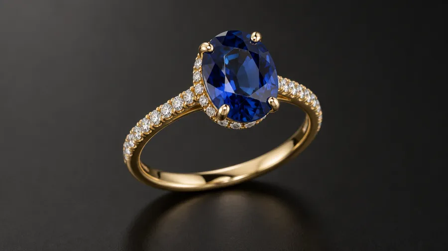 Gold-colored engagement ring with an oval blue stone and small clear stones along the band