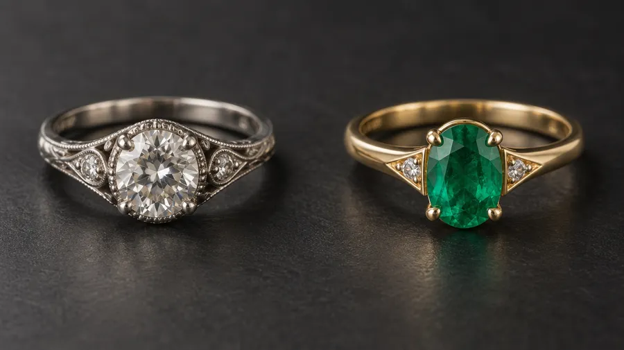 Silver-colored ring with a clear round stone beside a gold-colored ring with an oval green stone