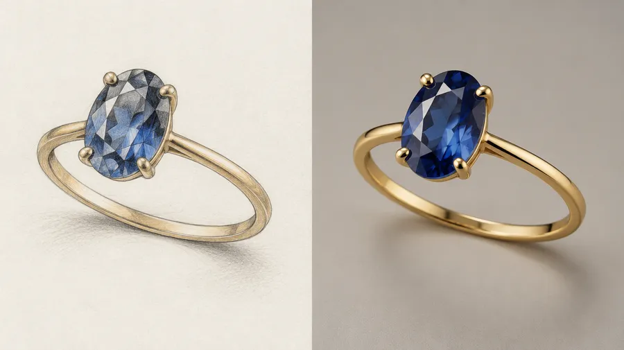 Drawing of an oval blue-stone ring beside a polished gold-colored ring concept