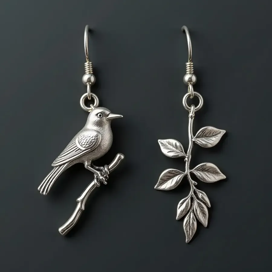 Silver-colored bird and leafy branch drop earrings on a dark background
