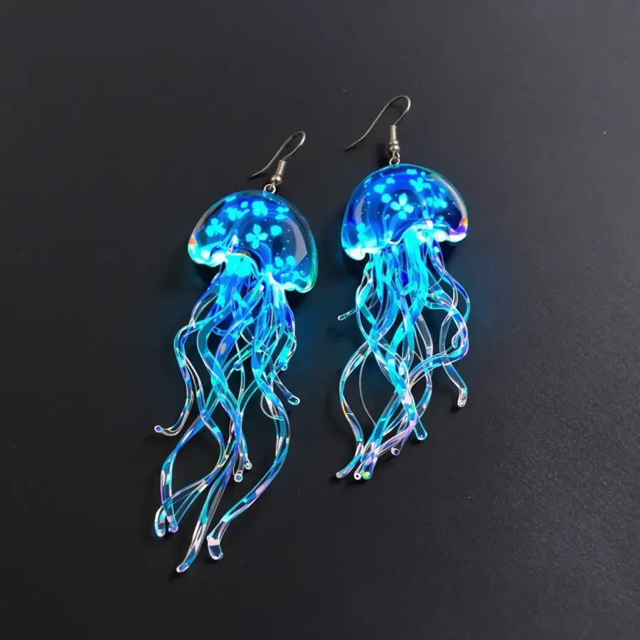 Blue jellyfish-shaped drop earrings with long translucent tendrils