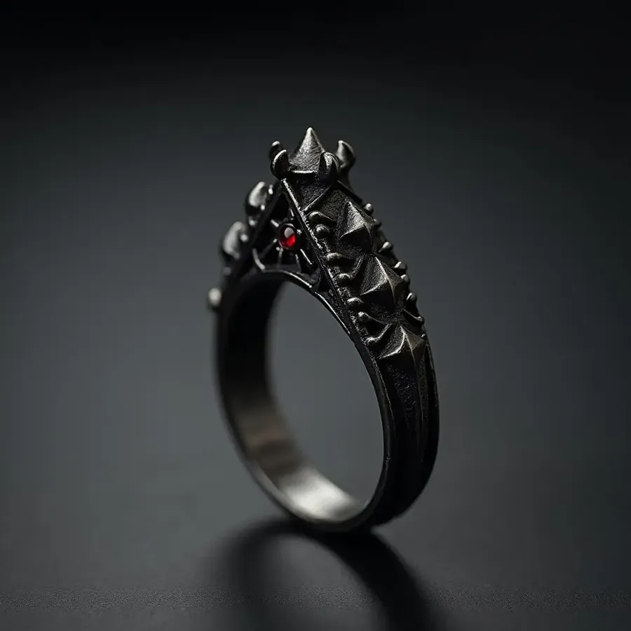 Black sculptural ring with pointed details and a small red accent