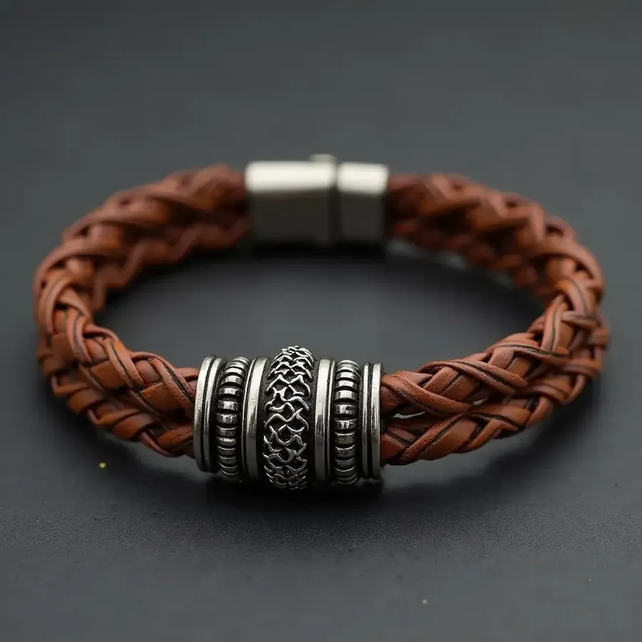 Braided brown leather bracelet with patterned silver-colored beads and clasp