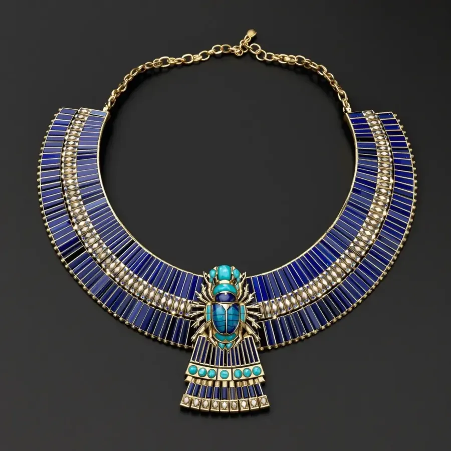 Egyptian-inspired gold-colored broad collar with blue inlays and a turquoise scarab motif