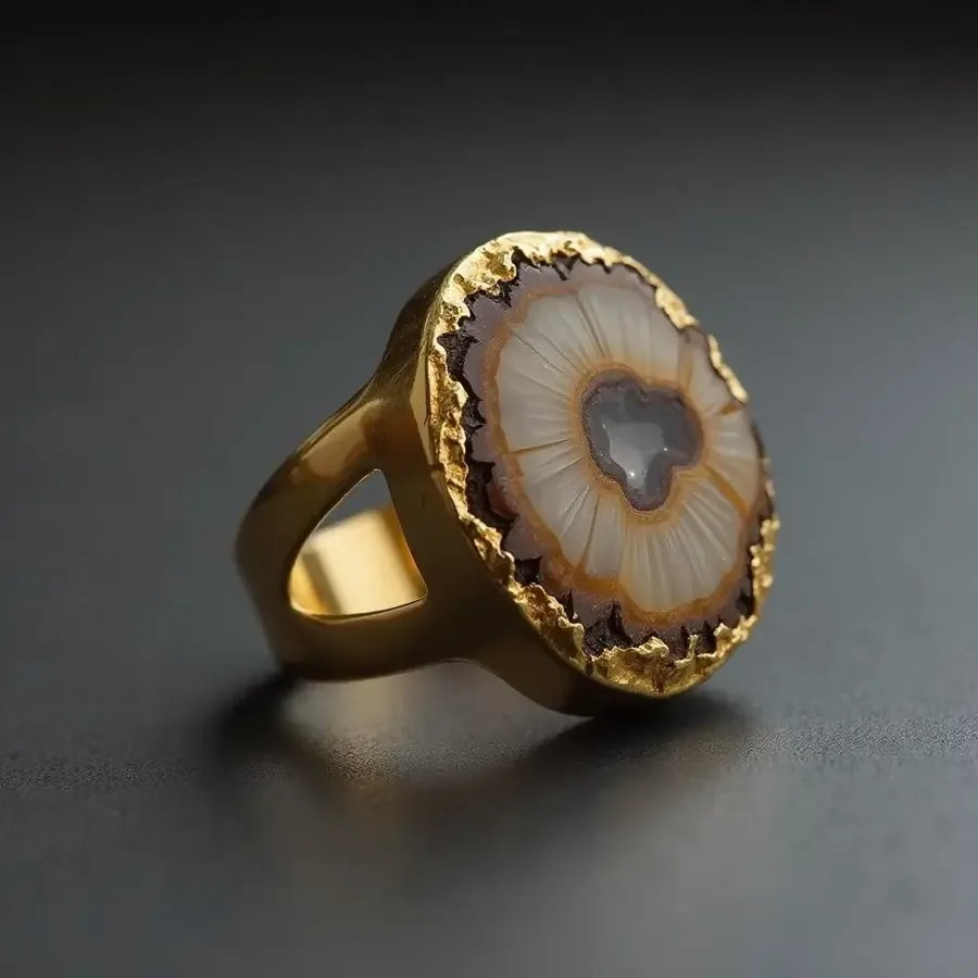Gold-colored ring with a large round banded stone and an irregular dark center