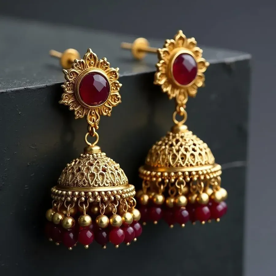 Gold-colored filigree dome earrings with oval red stones and hanging red beads
