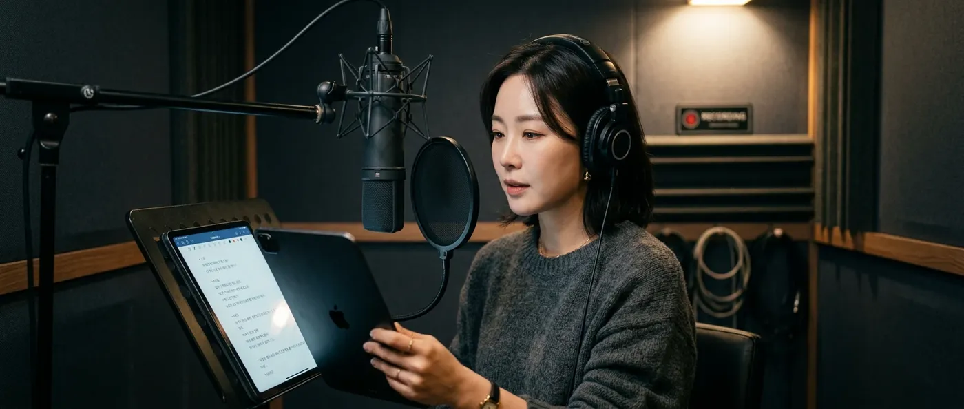 Korean voice actor recording in a professional studio booth