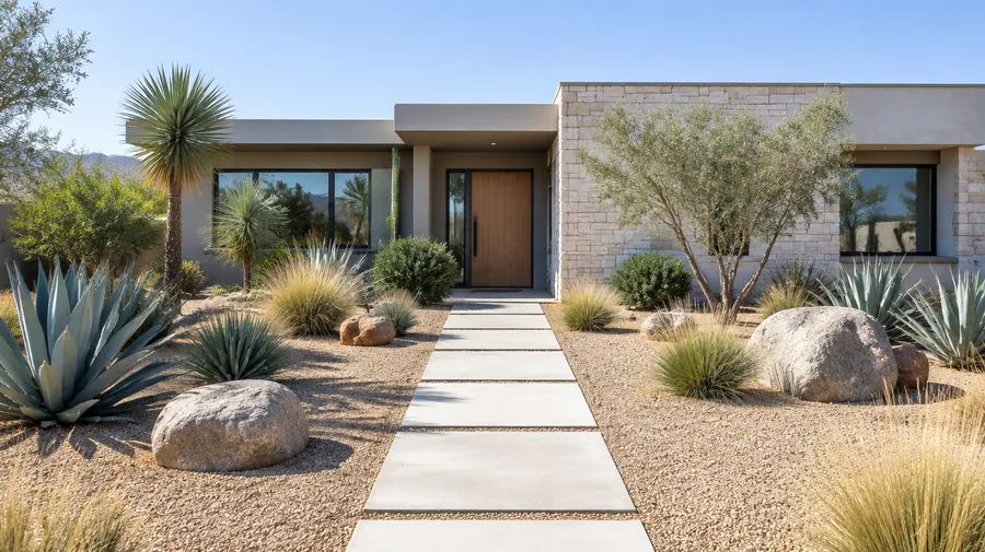 Drought-tolerant front yard with gravel ground, agave, yucca, grasses and boulders